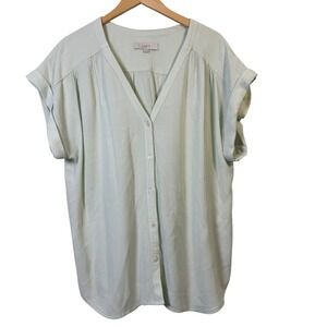 LOFT Womens Top XL Button Down‎ Short Sleeve V Neck Mint Green Blouse Casual